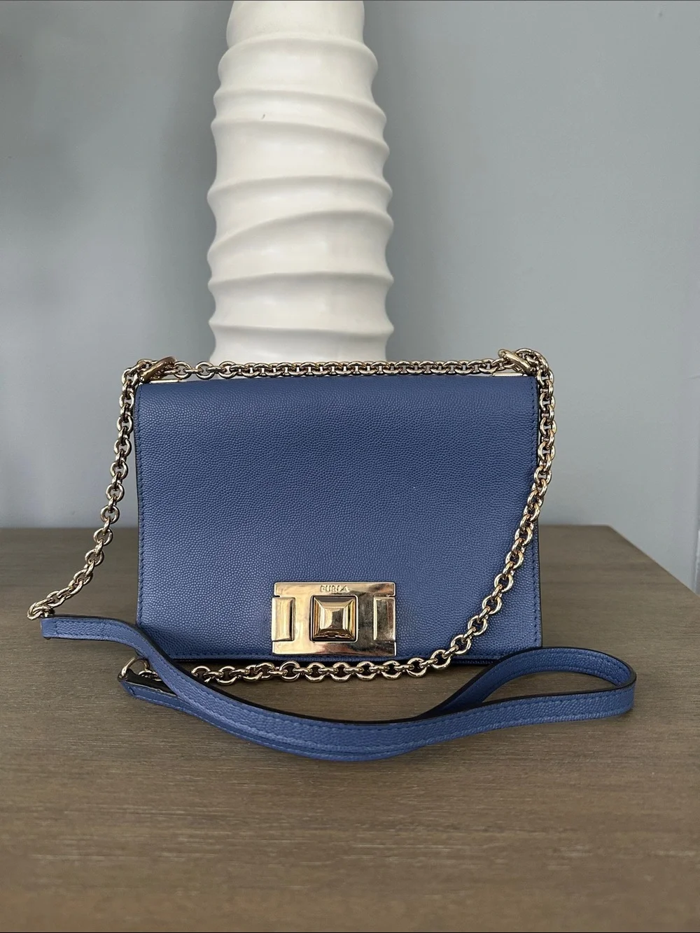 Furla Perla Small Crossbody in Cornflower Blue with Gold Hardware